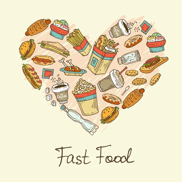 Coração estilizado vetorial com fast food desenhado à mão — Vetor de Stock