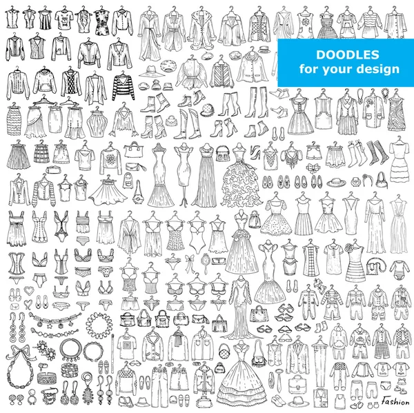 Conjunto de vetores com doodles de roupas e acessórios da moda Ilustração De Stock