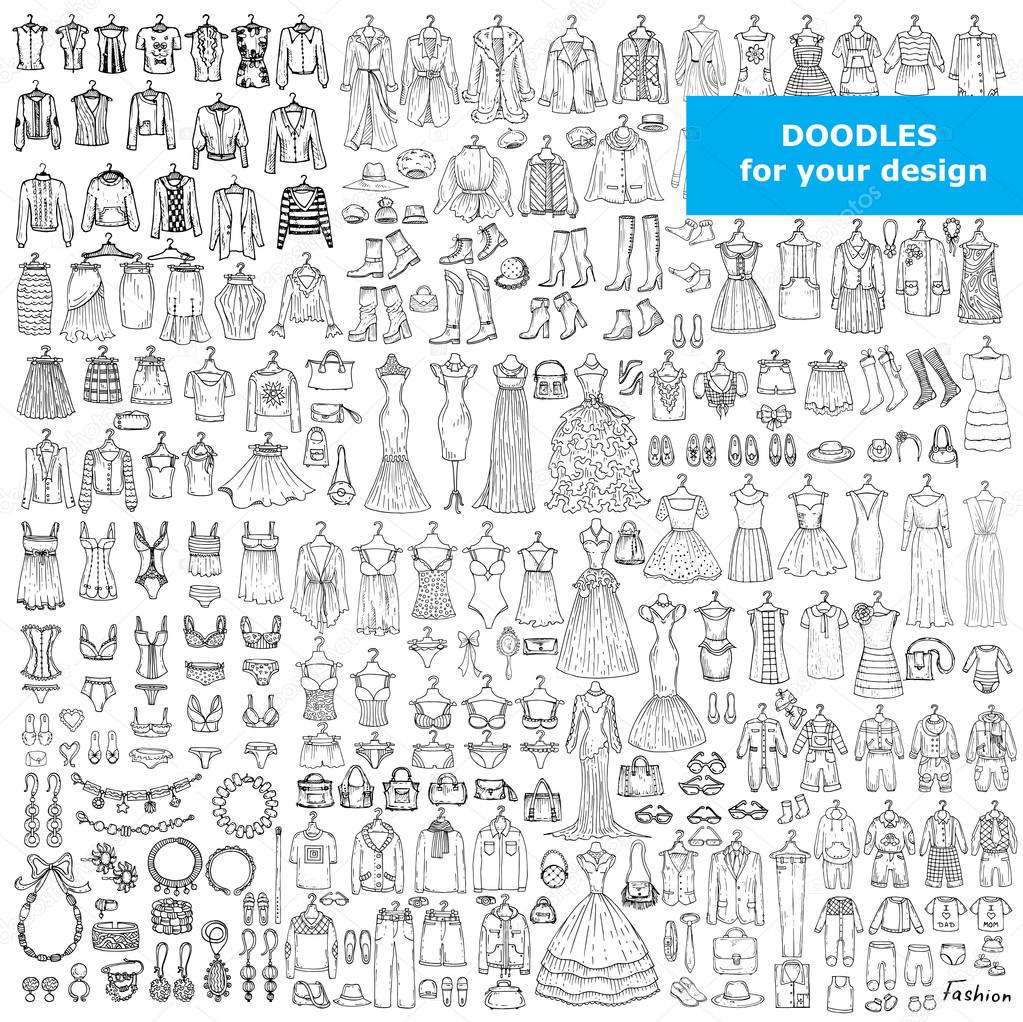 Vector set with doodles of fashionable clothes and accessories