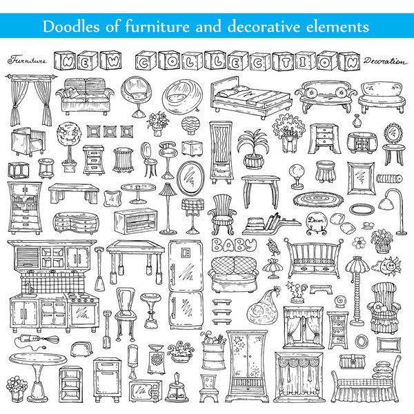 Vector set with doodles of furniture and decorative elements