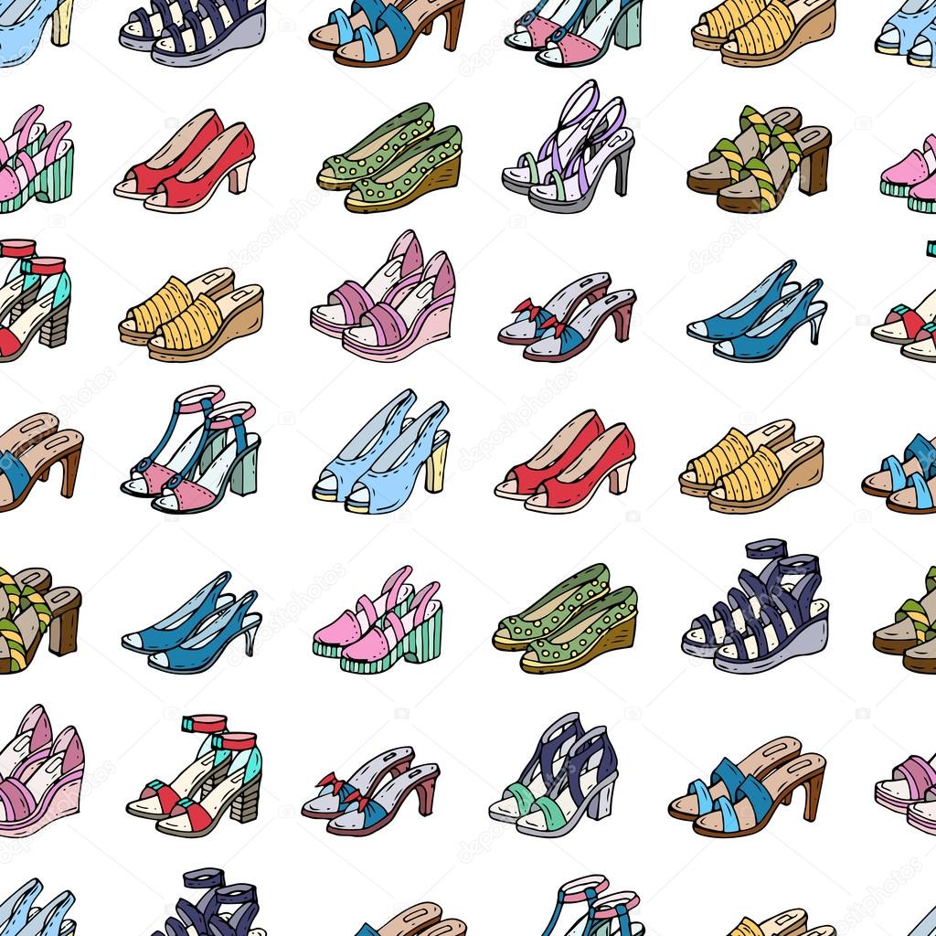 Vector seamless pattern with hand drawn fashionable shoes for women