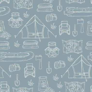 Pattern with symbols of tourism on gray color