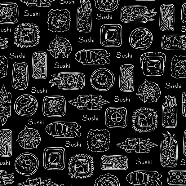 Pattern with sushi and rolls on black color — Stok Vektör