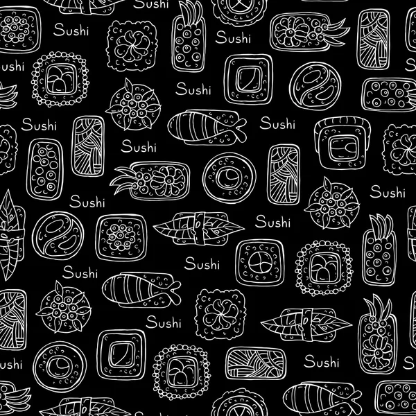 Pattern with sushi and rolls on black color