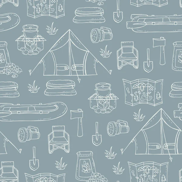 Pattern with symbols of tourism on gray color — Stok Vektör