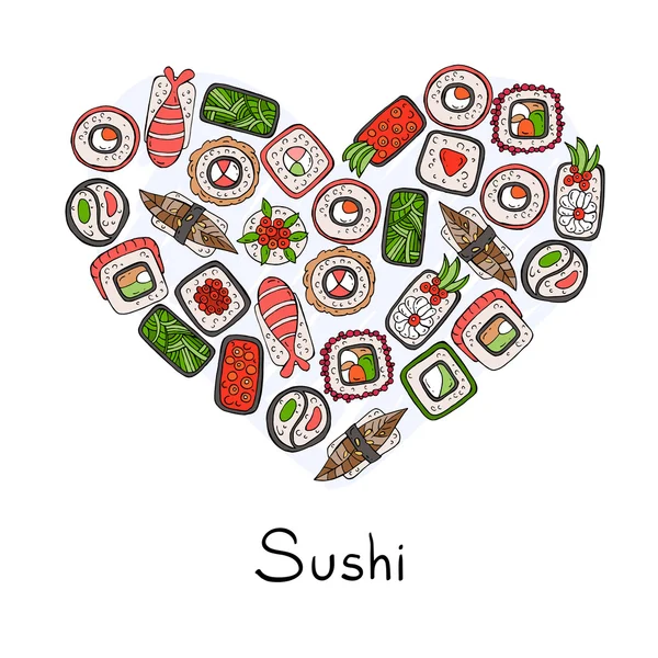 Corazón estilizado sobre el tema de la comida japonesa — Vector de stock