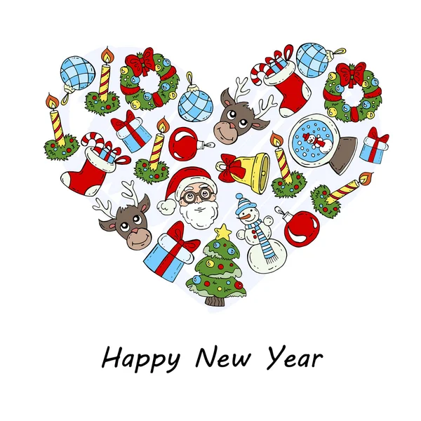 Corazón estilizado con símbolos de feliz año nuevo — Archivo Imágenes Vectoriales