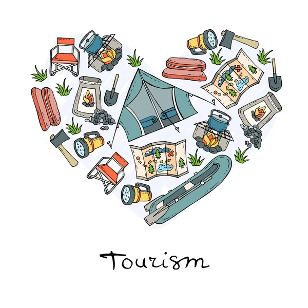 Stylized heart with symbols of tourism, camping — Stock Vector