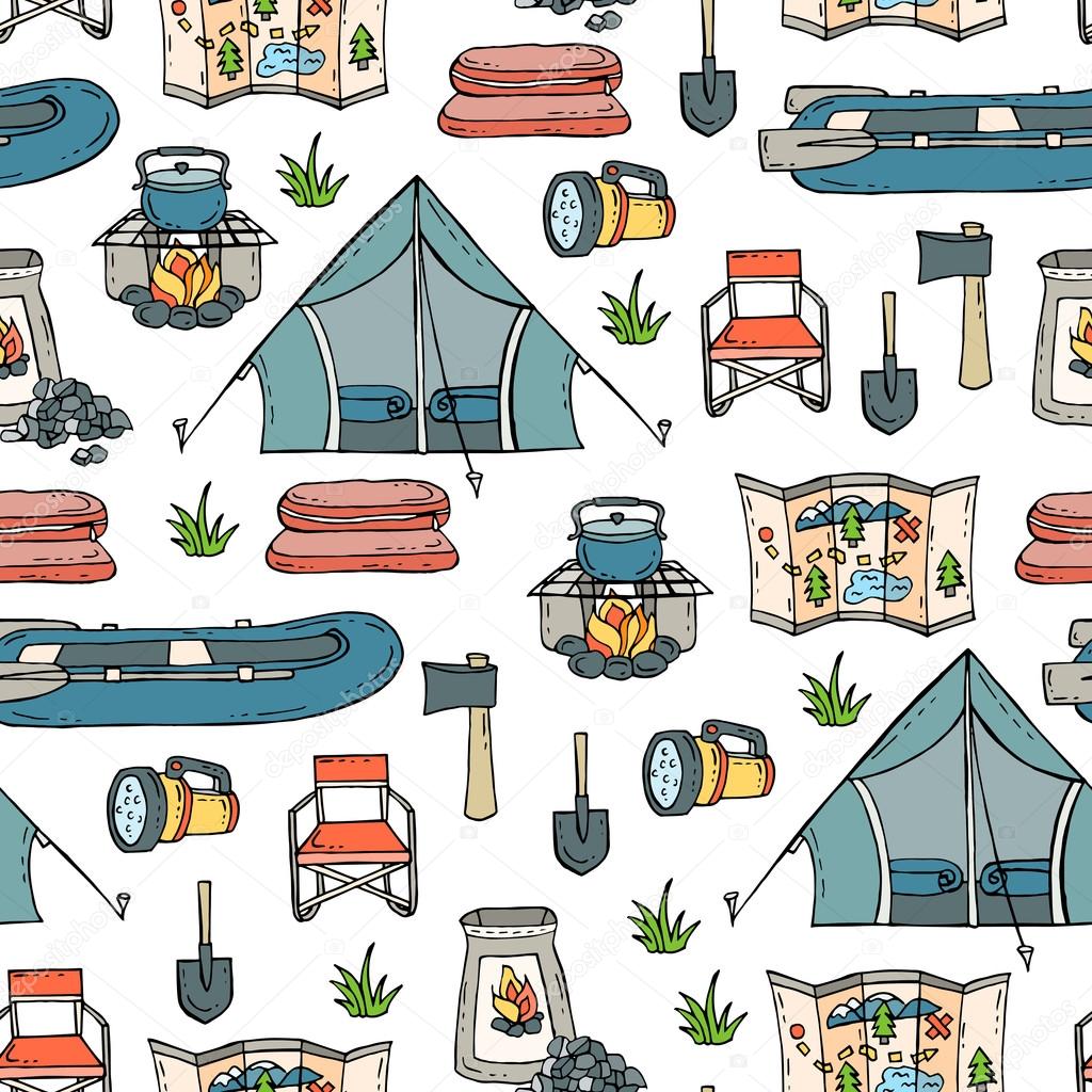 Pattern with symbols of tourism and camping