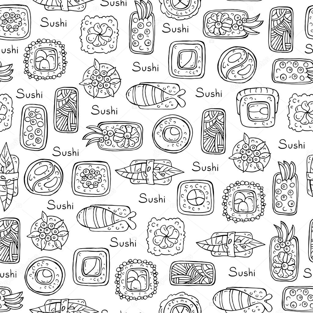 Pattern with sushi and rolls on white color