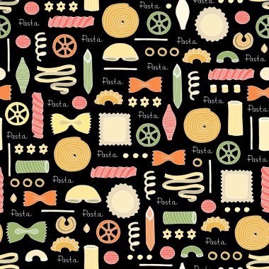 Pattern with hand drawn Italian pasta on black