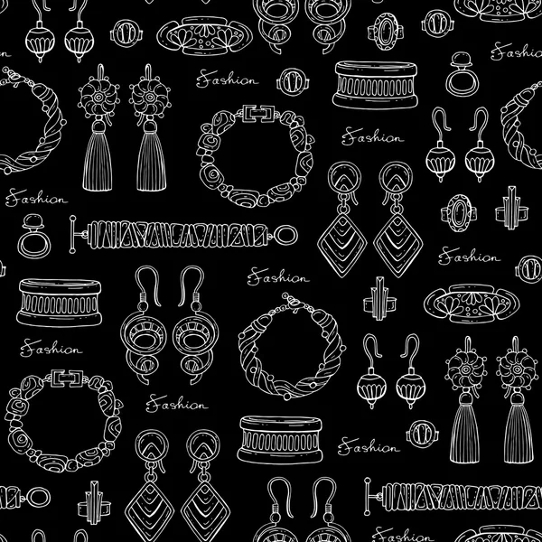 Pattern with hand drawn jewelry on black — Stockvector