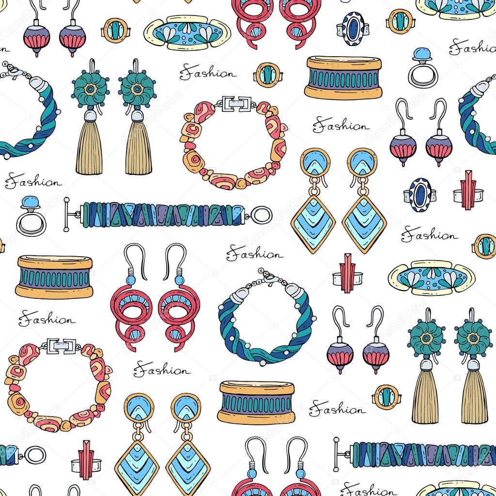 Pattern with hand drawn fashionable jewelry