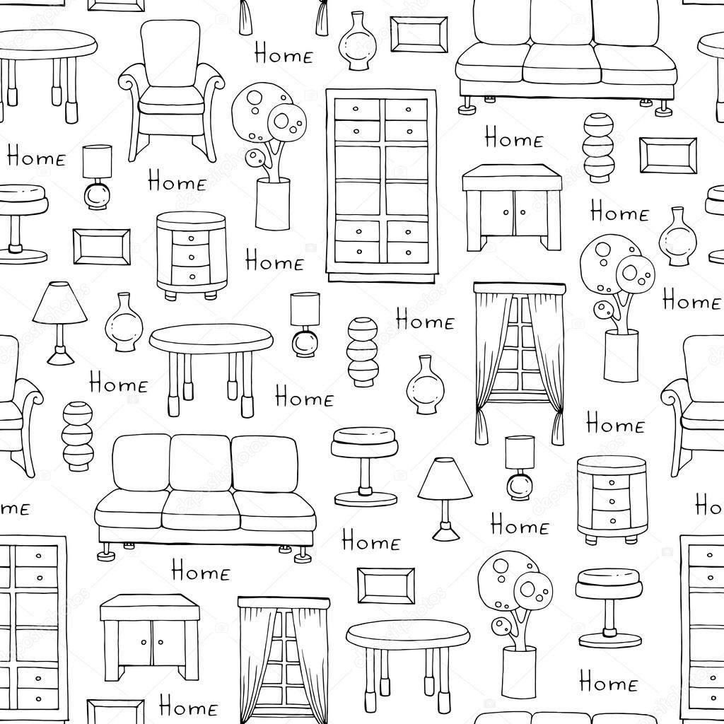 Pattern with hand drawn furniture on white color
