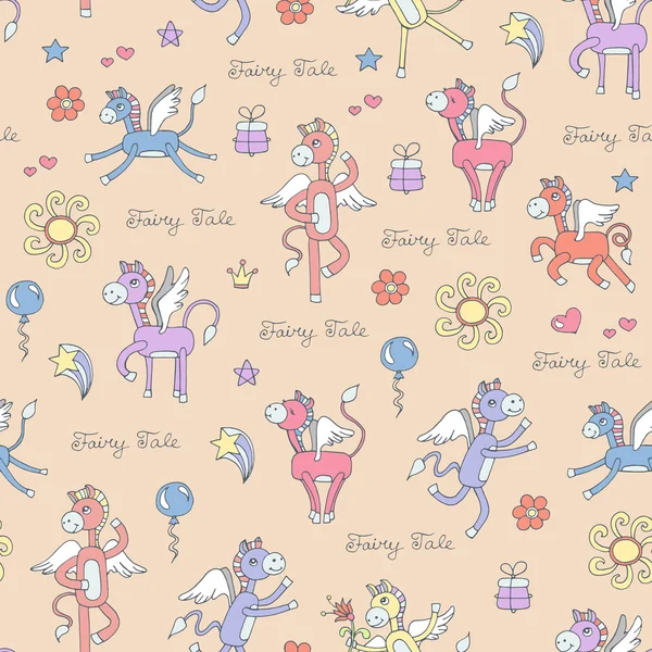 Pattern with hand drawn cartoon pegasus — Stock vektor