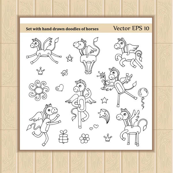 Vector set with hand drawn doodles of horses — ストックベクタ