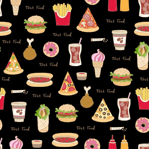 Pattern on the theme of fast food on black color — Stock Vector
