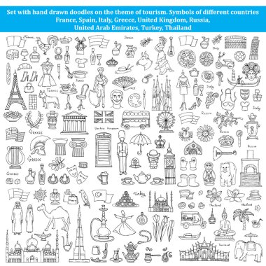Set of doodles on the theme of countries of Europe, Asia