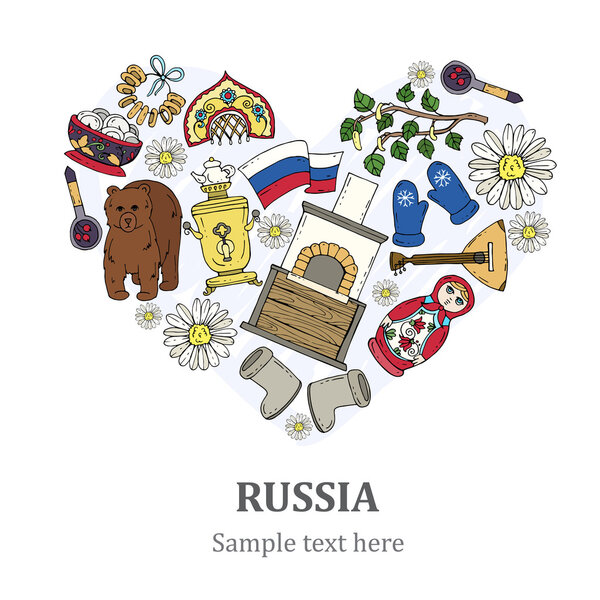 Stylized heart with hand drawn symbols of Russia