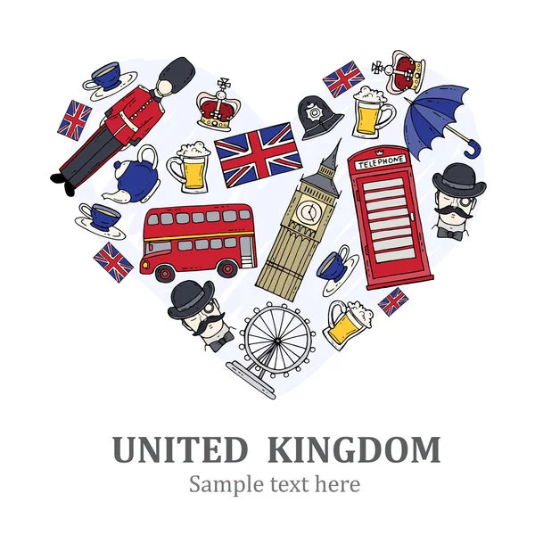 Stylized heart with symbols of United Kingdom — Stock Vector