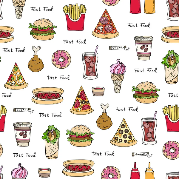 Vector seamless pattern on the theme of fast food — Stock Vector