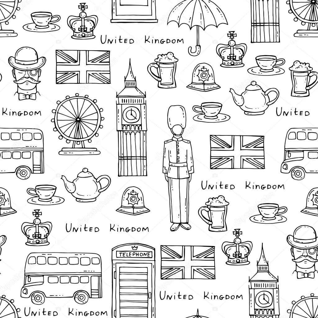 Pattern with symbols of United Kingdom on white