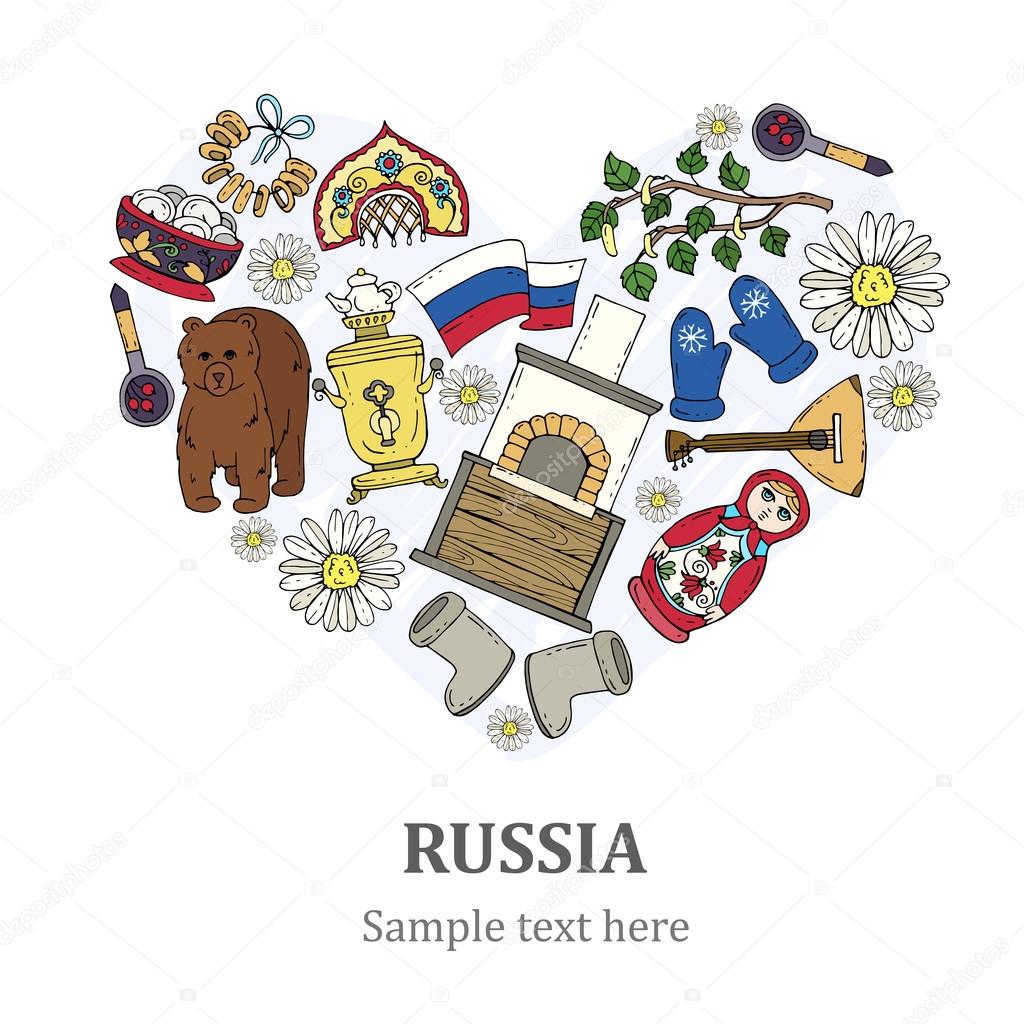 Stylized heart with hand drawn symbols of Russia