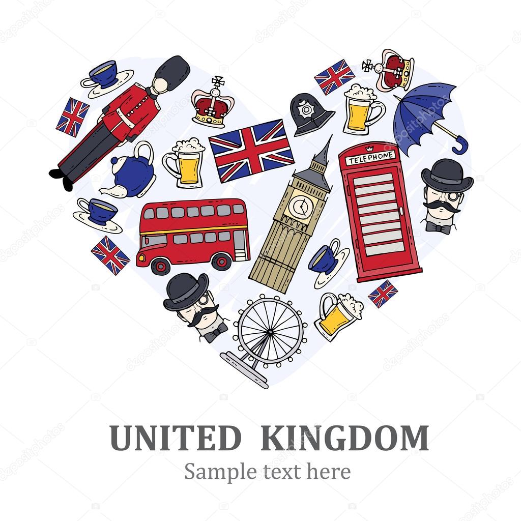 Stylized heart with symbols of United Kingdom