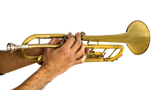 Männer spielen eine Trompete isoliert auf weißem Hintergrund — Stockfoto
