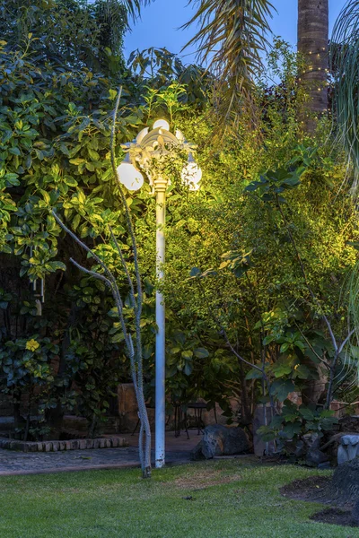 Lâmpadas decorativas solares em um jardim noturno — Fotografia de Stock