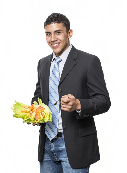 Jonge Gezonde Gespierde Man Zijn Armen Salade Plaat — Stockfoto
