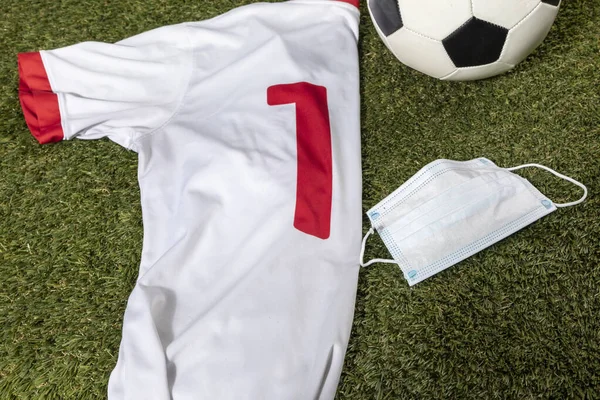 New Normality Dayscene Soccer Shirt Ball Whit Mask Rubber Floor — Stock Photo, Image