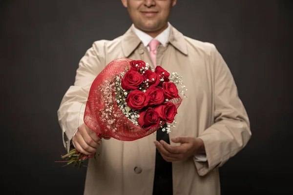 Young Man Raincoat Love Bouquet Red Roses His Girlfriend Valentine — Stock Photo, Image