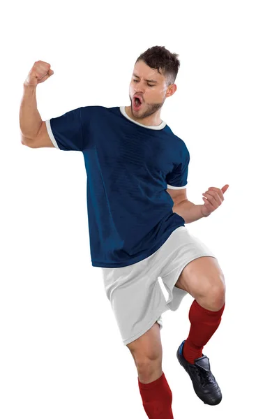 Detail Young Soccer Player Man Blue Shirt Jumping Shouting Emotion — Stock Photo, Image