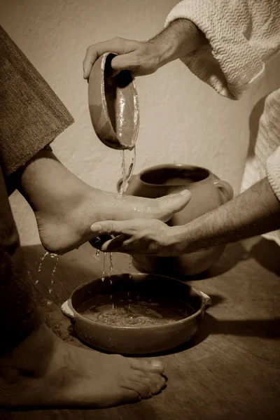 Jesus Christ Washing Feet His Disciples Sign Humility Service — Stock Photo, Image