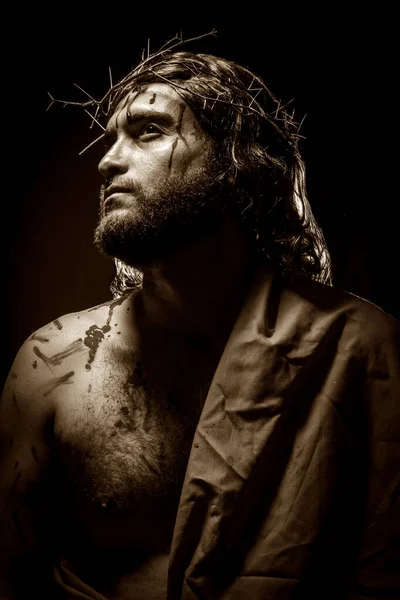 Gesù Cristo Colpì Sanguinò Con Corona Spine Durante Passione — Foto Stock