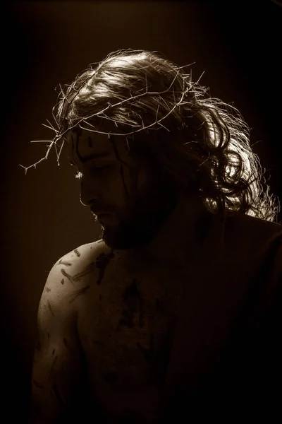 Jesus Cristo Golpeou Sangrou Com Coroa Espinhos Durante Paixão — Fotografia de Stock