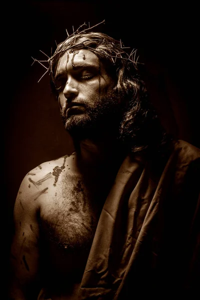 Gesù Cristo Colpì Sanguinò Con Corona Spine Durante Passione — Foto Stock