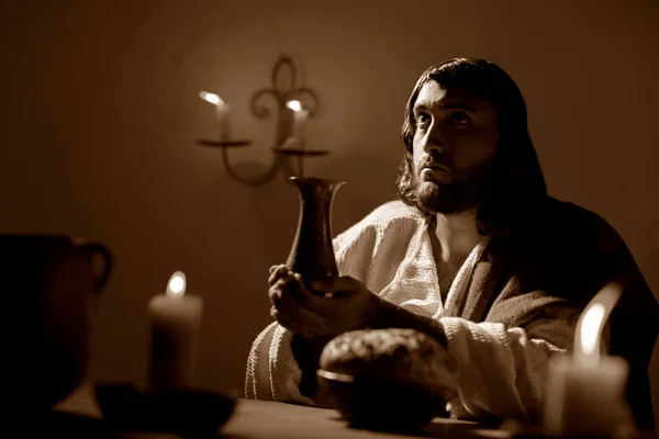 Scena Jezusa Chrystusa Błogosławiącego Chleb Wino Podczas Ostatniej Wieczerzy Apostołami — Zdjęcie stockowe