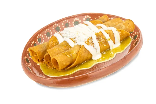 Deliciosa Comida Mexicana Aperitivos Plato Barro Tradicional Sobre Fondo Blanco — Foto de Stock