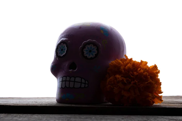 Composition Avec Crâne Mexicain Typique Fleurs Cempazuchitl Sur Table Bois — Photo