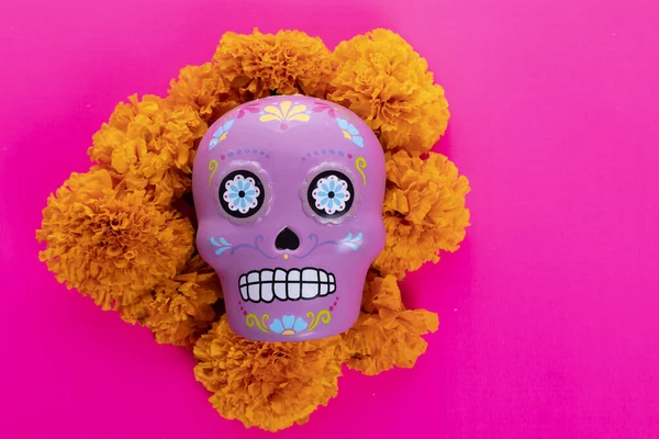 Komposition Mit Typisch Mexikanischem Totenkopf Und Cempazuchitl Blüten Auf Leuchtend — Stockfoto