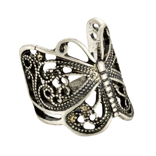 白色背景的银制和钢制蝴蝶形戒指 — 图库照片