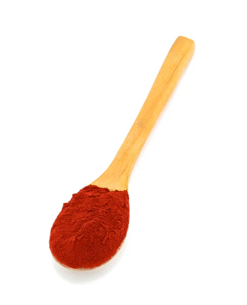 Red Color Powder Texture Wooden Spoon White Background — 스톡 사진