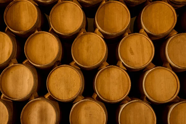 Wine Barrels Stacked Old Cellar Winery Warm Desaturated Tones — Stock Photo, Image