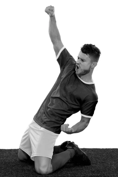 Молодой Футболист Траве Белой Рубашке Прыгает Кричит Эмоциями Белом Фоне — стоковое фото