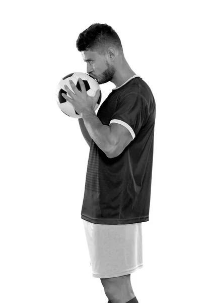 Молодой Футболист Траве Зеленой Рубашкой Мячом Руках Белом Фоне Фон — стоковое фото