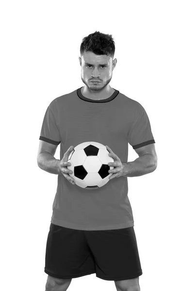 Joven Futbolista Con Camisa Amarilla Pelota Las Manos Sobre Fondo — Foto de Stock