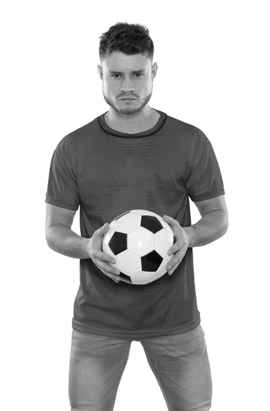 Молодой Футбольный Болельщик Зеленой Рубашкой Мяч Руках Белом Фоне Фон — стоковое фото