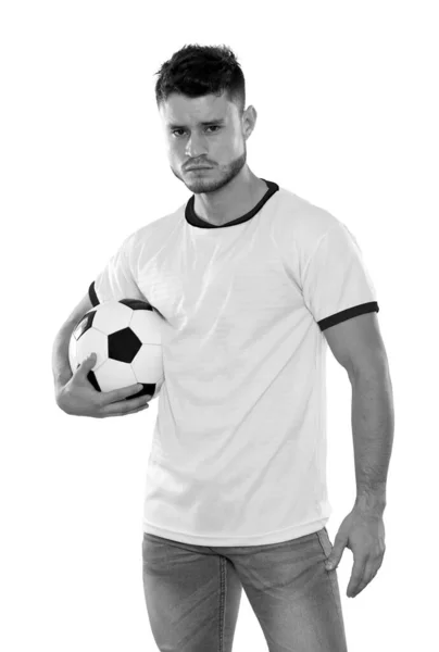 Jonge Voetbalfan Met Witte Shirt Bal Handen Witte Achtergrond Achtergrond — Stockfoto